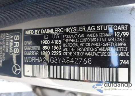 2000 Mercedes-Benz C 230 Kompressor из США, поврежденный, VIN WDBHA24G8YA842768